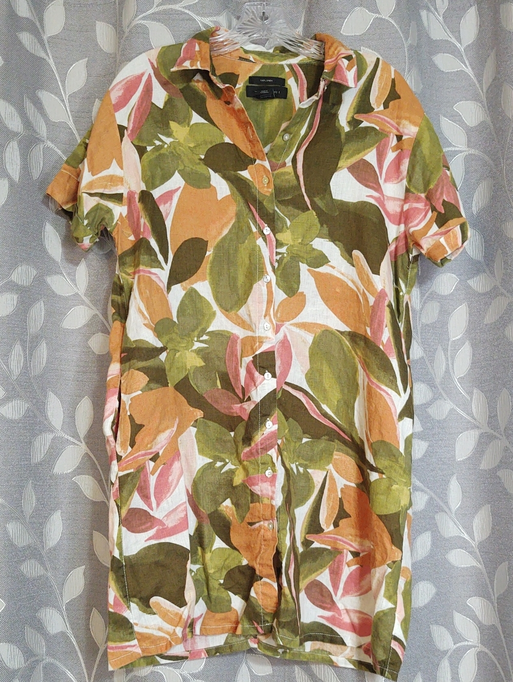 Tahari Linen Short-Sleeve Button-Down Tropical Dress size M